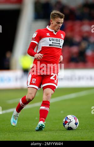 Marcus Forss #21 von Middlesbrough während des Sky Bet Championship-Spiels Middlesbrough vs Blackpool im Riverside Stadium, Middlesbrough, Großbritannien, 4. Februar 2023 (Foto: Ben Early/News Images) Stockfoto