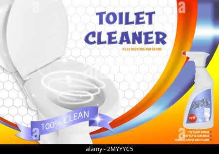 WC-Reiniger und glänzende, ungefärbte Schüssel, Werbedesign Stockfoto