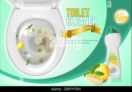 WC-Reiniger und glänzende, ungefärbte Schüssel, Werbedesign Stockfoto