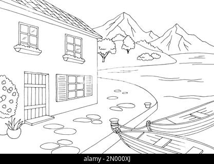 Seafront Pier Grafik Sea Bay schwarz weiß Landschaftszeichnung Vektor Stock Vektor