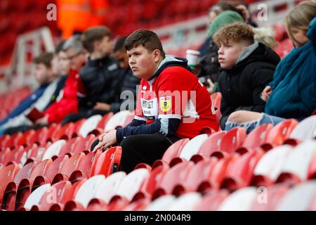 Middlesbrough, Großbritannien. 04. Februar 2023. Ein Fan von Middlesbrough während des Sky Bet Championship-Spiels Middlesbrough vs Blackpool im Riverside Stadium, Middlesbrough, Großbritannien, 4. Februar 2023 (Foto von Ben Early/News Images) in Middlesbrough, Großbritannien, am 2./4. Februar 2023. (Foto: Ben Early/News Images/Sipa USA) Guthaben: SIPA USA/Alamy Live News Stockfoto