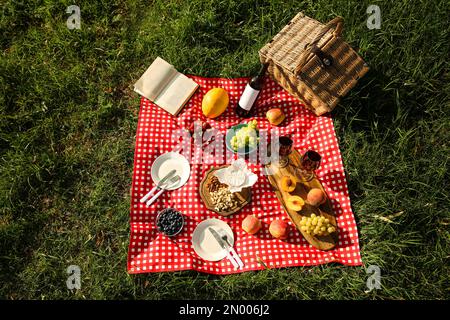 Picknickdecke mit köstlichem Essen und Wein auf grünem Gras, Blick von oben Stockfoto