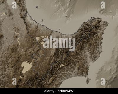 Bay of Plenty, regionalrat von Neuseeland. Höhenplan in Sepia-Tönen mit Seen und Flüssen Stockfoto