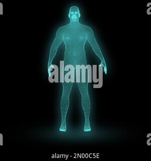 3D Abbildung. Beleuchteter digitaler Mann auf schwarzem Hintergrund. Stockfoto