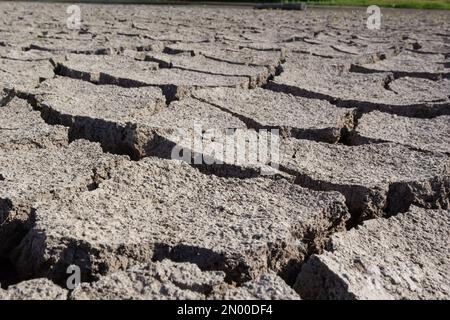 Trockenes Land in der Trockenzeit Dürre, Bodenrisse, kein heißes Wasser. Mangelnde Luftfeuchtigkeit durch globalen Rissboden in Dürre abstrakte Natur Stockfoto