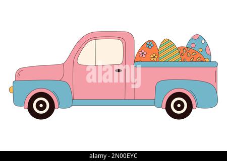 Toller Hippie Frohe Ostern. Easter Egg Truck im trendigen Retro-60s 70s-Cartoon-Stil Stock Vektor