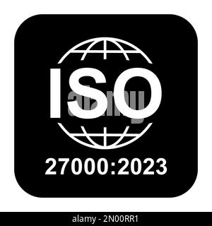 ISO 27000-Symbol. Information Security Management System. Symbol für Standardqualität. Vektor-Button-Zeichen auf schwarzem Hintergrund isoliert. Stock Vektor