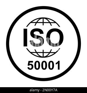 ISO 50001-Symbol. Energiemanagement. Symbol für Standardqualität. Vektor-Button-Zeichen auf schwarzem Hintergrund isoliert. Stock Vektor