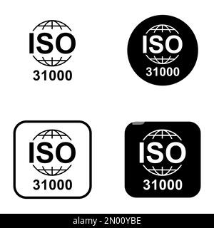 Satz mit ISO 31000-Symbol. Risikomanagement. Symbol für Standardqualität. Vektor-Button-Zeichen auf weißem Hintergrund isoliert. Stock Vektor