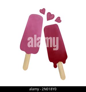 Eiscreme in Aquarellfarben. Ein Paar Eiscreme auf einem Stäbchen. Dekorationselemente isoliert auf weißem Hintergrund. Stock Vektor
