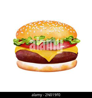 Hamburger-Design in Aquarellfarben. Leckeres helles, detailliertes Sandwich auf weißem Hintergrund. Stock Vektor