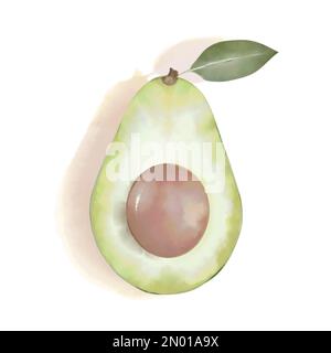Avocado halb in Aquarell. Mexikanische Guacamole-Snackzutat. Konstruktionselement auf weißem Hintergrund isoliert. Stock Vektor