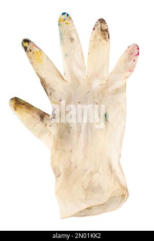 Weiße Gummihandschuhe an Stellen mit Farbe auf weißem Hintergrund. Das Konzept der Kreativität, der Schöpfung. Datei enthält Beschneidungspfad. Stockfoto
