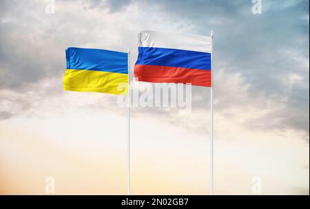 Flagge ukraine gegen russland 365. Tag der russischen Invasion der ukraine 1 Jahre Krieg Stockfoto