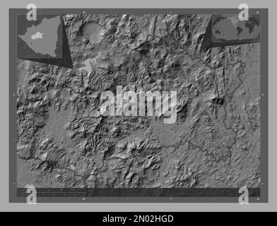 Matagalpa, Departement Nicaragua. Bilevel-Höhenkarte mit Seen und Flüssen. Standorte der wichtigsten Städte der Region. Lage der Zusatzgeräte an der Ecke ma Stockfoto