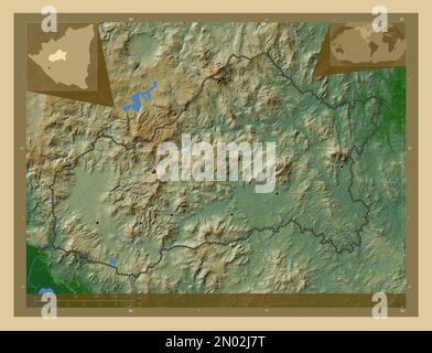 Matagalpa, Departement Nicaragua. Farbige Höhenkarte mit Seen und Flüssen. Standorte der wichtigsten Städte der Region. Lage der Zusatzgeräte an der Ecke ma Stockfoto