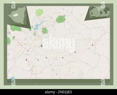 Matagalpa, Departement Nicaragua. Straßenkarte Öffnen. Standorte der wichtigsten Städte der Region. Eckkarten für zusätzliche Standorte Stockfoto