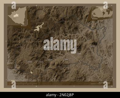 Matagalpa, Departement Nicaragua. Höhenplan in Sepia-Tönen mit Seen und Flüssen. Standorte und Namen der wichtigsten Städte der Region. Korr Stockfoto