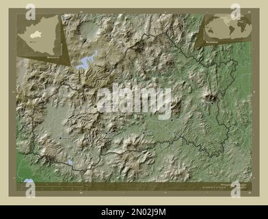 Matagalpa, Departement Nicaragua. Höhenkarte im Wiki-Stil mit Seen und Flüssen. Standorte und Namen der wichtigsten Städte der Region. Mais Stockfoto