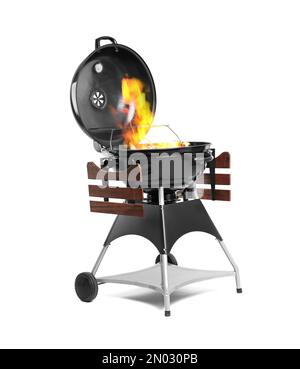 Grill mit Flammen auf weißem Hintergrund Stockfoto