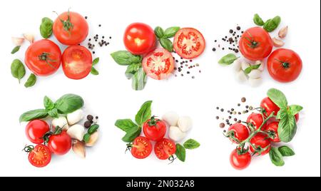 Set aus reifen roten Tomaten, Mozzarella-Bällen, Knoblauch und Paprika auf weißem Hintergrund, Draufsicht Stockfoto