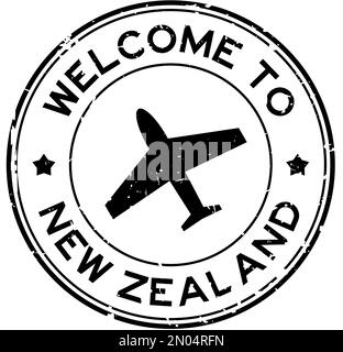 Grunge Black Willkommen in neuseeland mit Flugzeugsymbol rund Gummidichtung auf weißem Hintergrund Stock Vektor