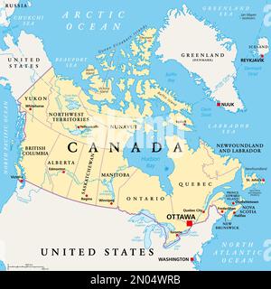 Kanada, Verwaltungsabteilungen, politische Karte. Die zehn Provinzen und drei Territorien Kanadas mit ihren Grenzen und Hauptstädten. Stockfoto