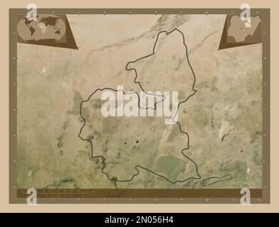 Bauchi, Staat Nigeria. Satellitenkarte mit niedriger Auflösung. Eckkarten für zusätzliche Standorte Stockfoto