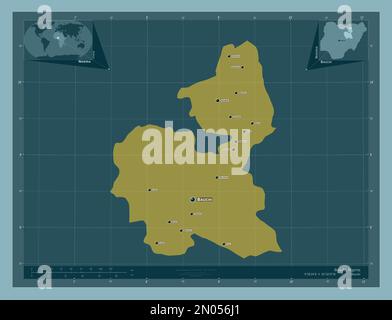 Bauchi, Staat Nigeria. Durchgehende Farbform. Standorte und Namen der wichtigsten Städte der Region. Eckkarten für zusätzliche Standorte Stockfoto