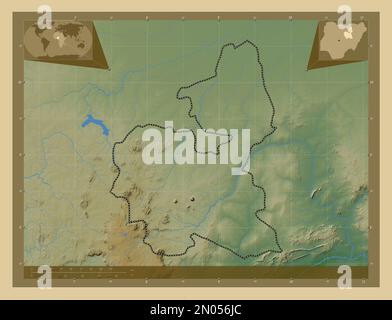 Bauchi, Staat Nigeria. Farbige Höhenkarte mit Seen und Flüssen. Eckkarten für zusätzliche Standorte Stockfoto