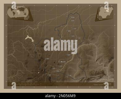 Bauchi, Staat Nigeria. Höhenplan in Sepia-Tönen mit Seen und Flüssen. Standorte und Namen der wichtigsten Städte der Region. Ecke autokorr Stockfoto