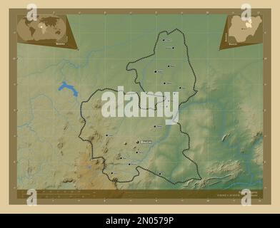 Bauchi, Staat Nigeria. Farbige Höhenkarte mit Seen und Flüssen. Standorte und Namen der wichtigsten Städte der Region. Lage der Zusatzgeräte an der Ecke ma Stockfoto