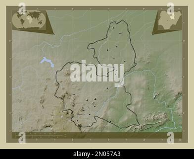 Bauchi, Staat Nigeria. Höhenkarte im Wiki-Stil mit Seen und Flüssen. Standorte der wichtigsten Städte der Region. Zusätzliche Lage in der Ecke Stockfoto