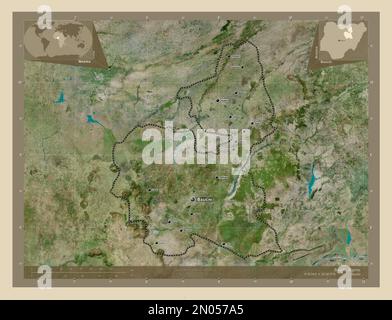 Bauchi, Staat Nigeria. Hochauflösende Satellitenkarte. Standorte und Namen der wichtigsten Städte der Region. Eckkarten für zusätzliche Standorte Stockfoto