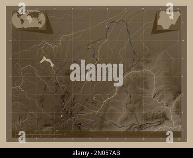 Bauchi, Staat Nigeria. Höhenplan in Sepia-Tönen mit Seen und Flüssen. Eckkarten für zusätzliche Standorte Stockfoto
