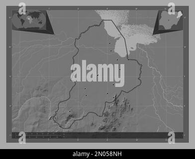 Borno, Staat Nigeria. Bilevel-Höhenkarte mit Seen und Flüssen. Standorte der wichtigsten Städte der Region. Eckkarten für zusätzliche Standorte Stockfoto