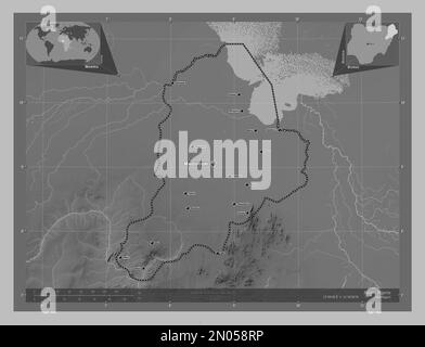 Borno, Staat Nigeria. Grauskala-Höhenkarte mit Seen und Flüssen. Standorte und Namen der wichtigsten Städte der Region. Ecke Zusatzgerät m Stockfoto