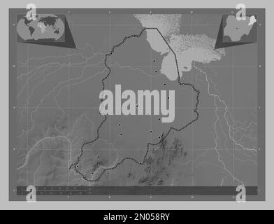 Borno, Staat Nigeria. Grauskala-Höhenkarte mit Seen und Flüssen. Standorte der wichtigsten Städte der Region. Eckkarten für zusätzliche Standorte Stockfoto