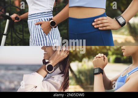 Fotos von Frauen, die verschiedene Smartwatches benutzen, Nahaufnahme. Collage-Design Stockfoto