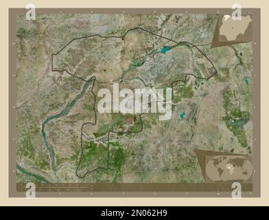 Sokoto, Staat Nigeria. Hochauflösende Satellitenkarte. Eckkarten für zusätzliche Standorte Stockfoto