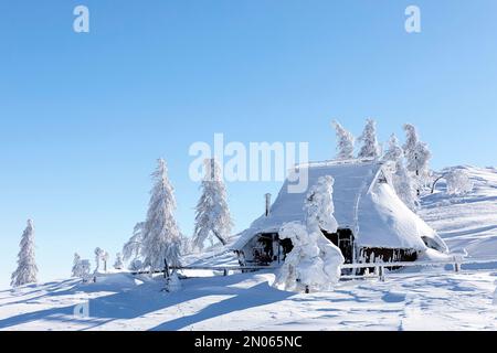 Wunderschöne traditionelle Schäferhütte aus Holz bedeckt mit frischem Schnee an wunderschönen sonnigen Wintertagen auf der Alpenwiese Velika planina in den slowenischen alpen Stockfoto