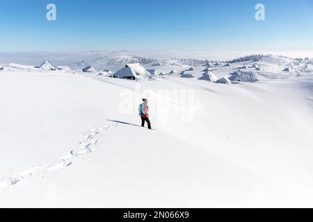Wunderschöne Landschaft nach starkem Schneefall auf der velika planina Almweide märchenhafte Winterlandschaft, schneebedeckte Bäume, Wanderer, die die Landschaft genießen Stockfoto