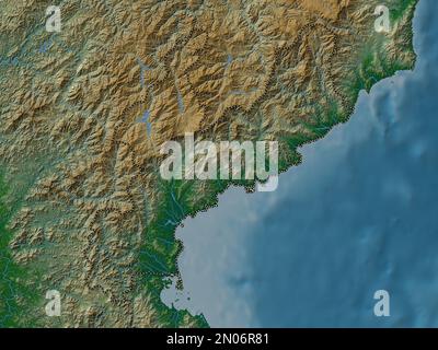 Hamgyong-namdo, Provinz Nordkorea. Farbige Höhenkarte mit Seen und Flüssen Stockfoto