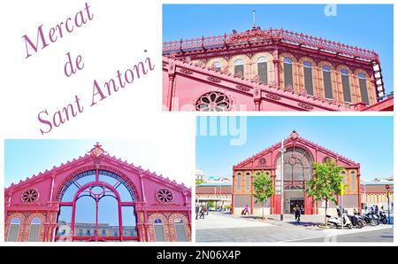 Montage von Bildern des Mercat de Sant Antoni oder San Antonio Markts, der in Barcelona, Katalonien, Spanien, Europa reformiert wurde Stockfoto