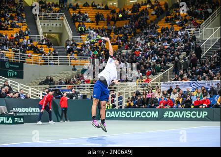 Athen, Lombardei, Griechenland. 5. Februar 2023. ALEXANDROS SKORILAS von Griechenland am zweiten Tag des Davis Cup World Group I Play-off zwischen Griechenland und Ecuador im Olympischen Athletikzentrum von Athen „Spiros Louis“ am 5. Februar 2023 in Athen, Griechenland. (Kreditbild: © Stefanos Kyriazis/ZUMA Press Wire) NUR REDAKTIONELLE VERWENDUNG! Nicht für den kommerziellen GEBRAUCH! Stockfoto