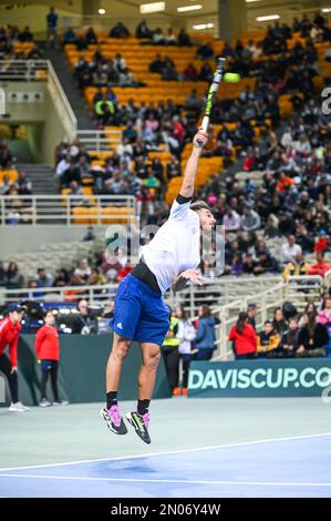 Athen, Lombardei, Griechenland. 5. Februar 2023. ALEXANDROS SKORILAS von Griechenland am zweiten Tag des Davis Cup World Group I Play-off zwischen Griechenland und Ecuador im Olympischen Athletikzentrum von Athen „Spiros Louis“ am 5. Februar 2023 in Athen, Griechenland. (Kreditbild: © Stefanos Kyriazis/ZUMA Press Wire) NUR REDAKTIONELLE VERWENDUNG! Nicht für den kommerziellen GEBRAUCH! Stockfoto