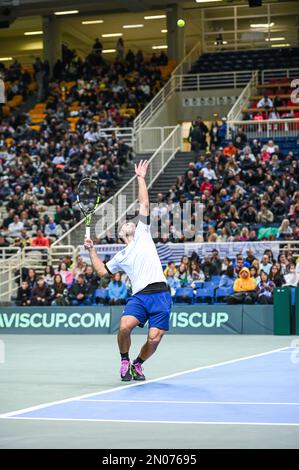 Athen, Lombardei, Griechenland. 5. Februar 2023. ALEXANDROS SKORILAS von Griechenland am zweiten Tag des Davis Cup World Group I Play-off zwischen Griechenland und Ecuador im Olympischen Athletikzentrum von Athen „Spiros Louis“ am 5. Februar 2023 in Athen, Griechenland. (Kreditbild: © Stefanos Kyriazis/ZUMA Press Wire) NUR REDAKTIONELLE VERWENDUNG! Nicht für den kommerziellen GEBRAUCH! Stockfoto