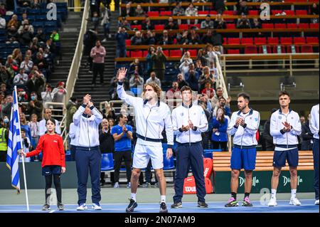 Athen, Lombardei, Griechenland. 5. Februar 2023. STEFANOS TSITSIPAS von Griechenland am 2. Tag des Davis Cup World Group I Play-off zwischen Griechenland und Ecuador im Olympischen Athletikzentrum von Athen „Spiros Louis“ am 5. Februar 2023 in Athen, Griechenland. (Kreditbild: © Stefanos Kyriazis/ZUMA Press Wire) NUR REDAKTIONELLE VERWENDUNG! Nicht für den kommerziellen GEBRAUCH! Stockfoto