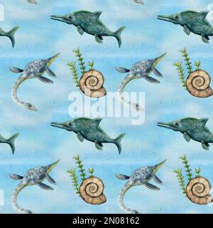 Wasserfarbenes nahtloses Muster mit Unterwasser-Dinosauriern, Plesiosauriern und Ichthyosauriern, Algen und Ammonitoren auf blauem Hintergrund Stockfoto
