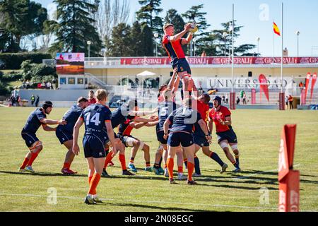 Madrid, Madrid, Spanien. 5. Februar 2023. Joshua Peters (Spanien) in Aktion während des Rugby-Spiels zwischen Nationalmannschaften Spaniens und der Niederlande, das am Sonntag, den 05. Februar 2023 in Madrid, Spanien, im Estadio Nacional gefeiert wurde. Gültig für die Rugby-Europameisterschaft (Abbild: © Alberto Gardin/ZUMA Press Wire) REDAKTIONELLER GEBRAUCH! Nicht für den kommerziellen GEBRAUCH! Stockfoto